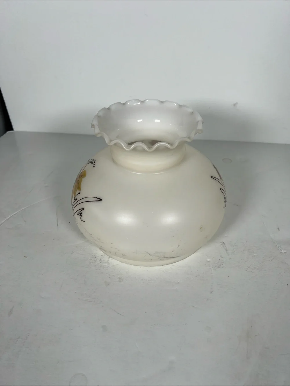 Hurricane Milk Glass White Lantern Shade with Brown and Yellow Leaf Design